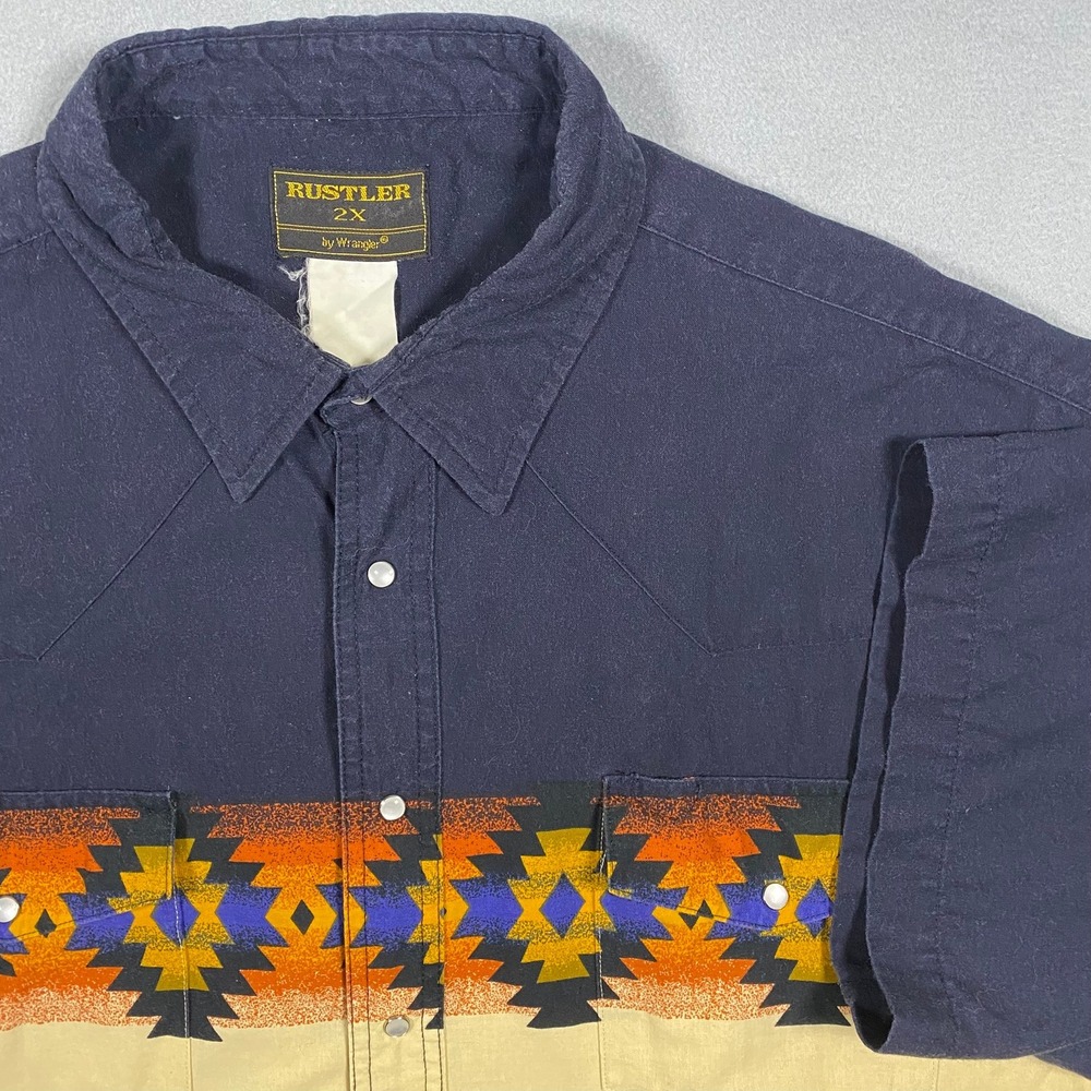 Rustler by Wrangler Mens 2XL Western Pearl Snap Shirt Southwestern Navy Tan‎